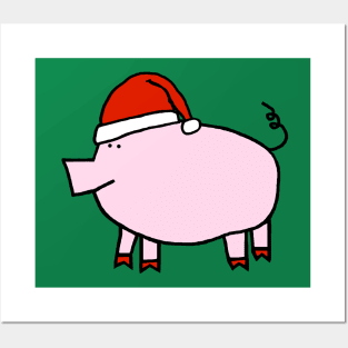 Cute Pig Wearing a Christmas Santa Hat Posters and Art